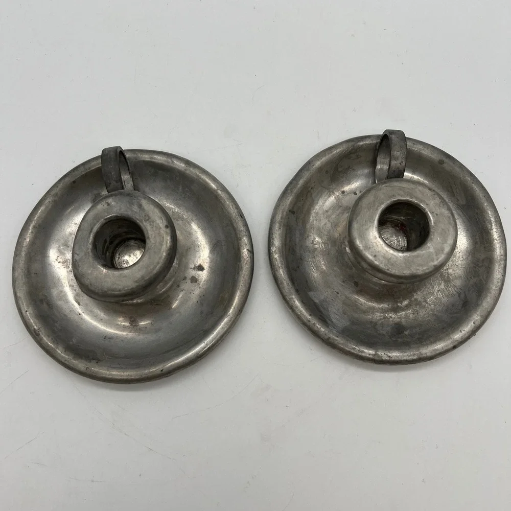 Woodbury Pewterers Candlestick Holders Pair Hand-Ome Brushed Chamberstick VTG